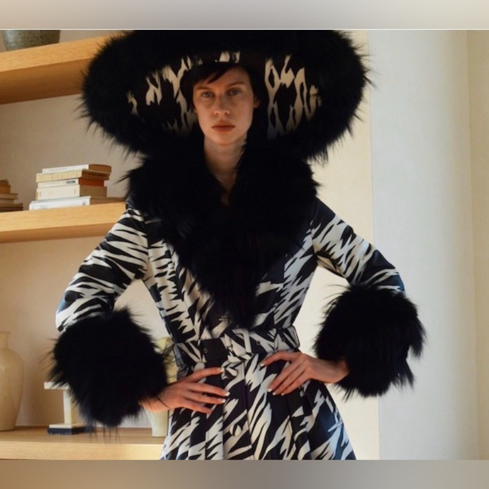 Saks Potts zebra black and white real leather coat with fur trim and collar